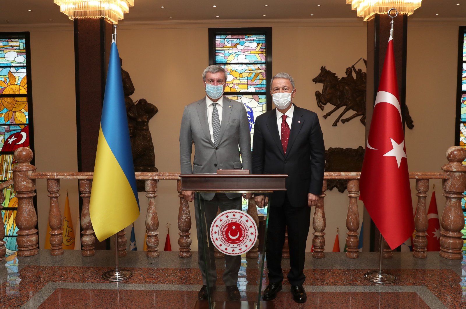 Ukrainian Vice Prime Minister Oleh Urusky (L) poses with Turkish Defense Minister Hulusi Akar during an official visit to Ankara, Turkey, Sept. 1, 2020. (AA Photo)