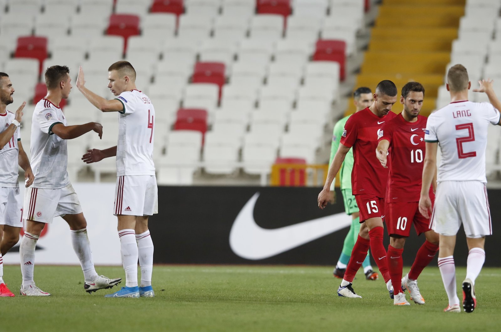 Hungary players celebrate after their win against Turkey in the UEFA Nations League match at the Yeni Sivas 4 Eylül Stadium, Sivas, central Turkey. Sept. 3, 2020. (Reuters Photo)