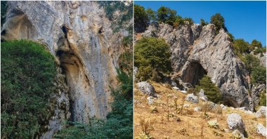 Combination of images shows the two entrances of Beyyayla Cave, from the Bolu side (L) and the Eskişehir side. 