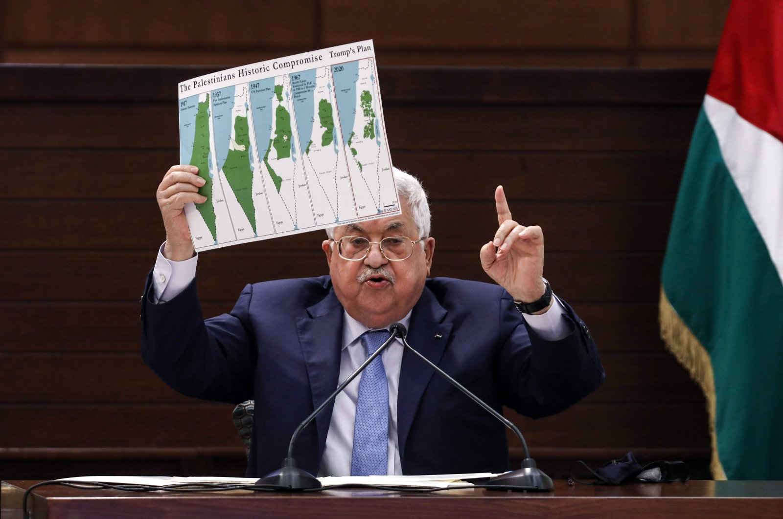 Palestinian president Mahmud Abbas holds a placard showing maps of (L to R) historical Palestine, the 1947 United Nations partition plan on Palestine, the 1948-1967 borders between the Palestinian territories and Israel, and a map of U.S. President Donald Trump's proposal for a Palestinian state under his so-called peace plan, as he speaks in the West Bank's Ramallah, Sept. 3, 2020. (AFP)
