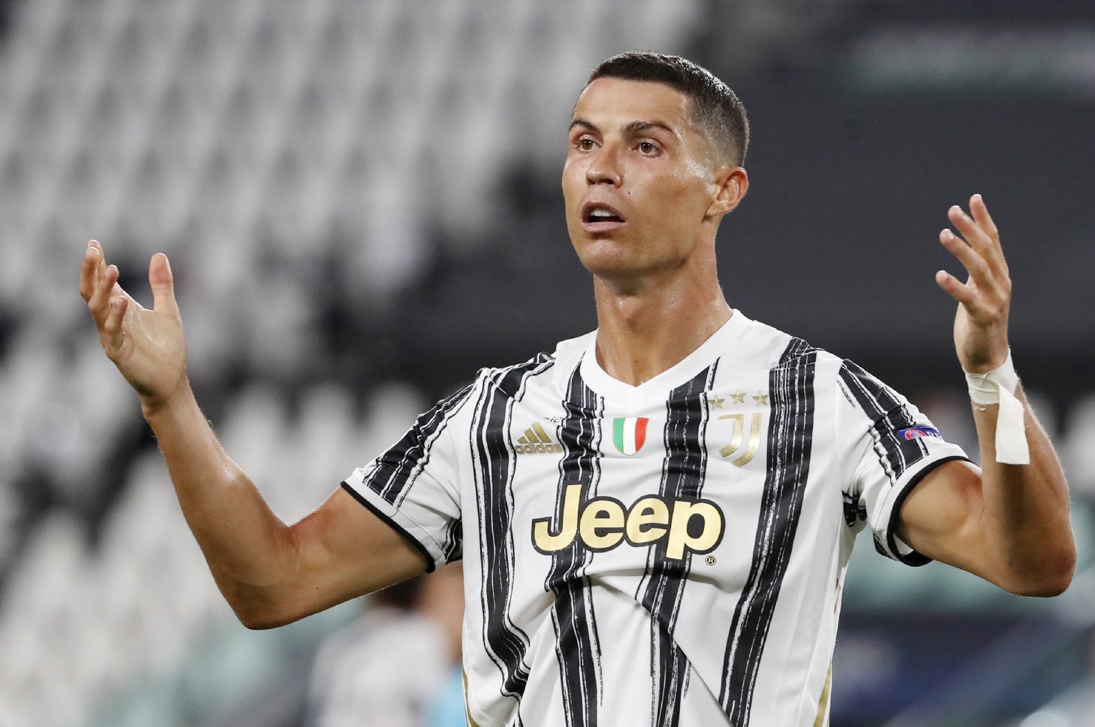 Juventus' Cristiano Ronaldo gestures during a Champions League match against Lyon, in Turin, Italy, Aug. 7, 2020. (AP Photo)