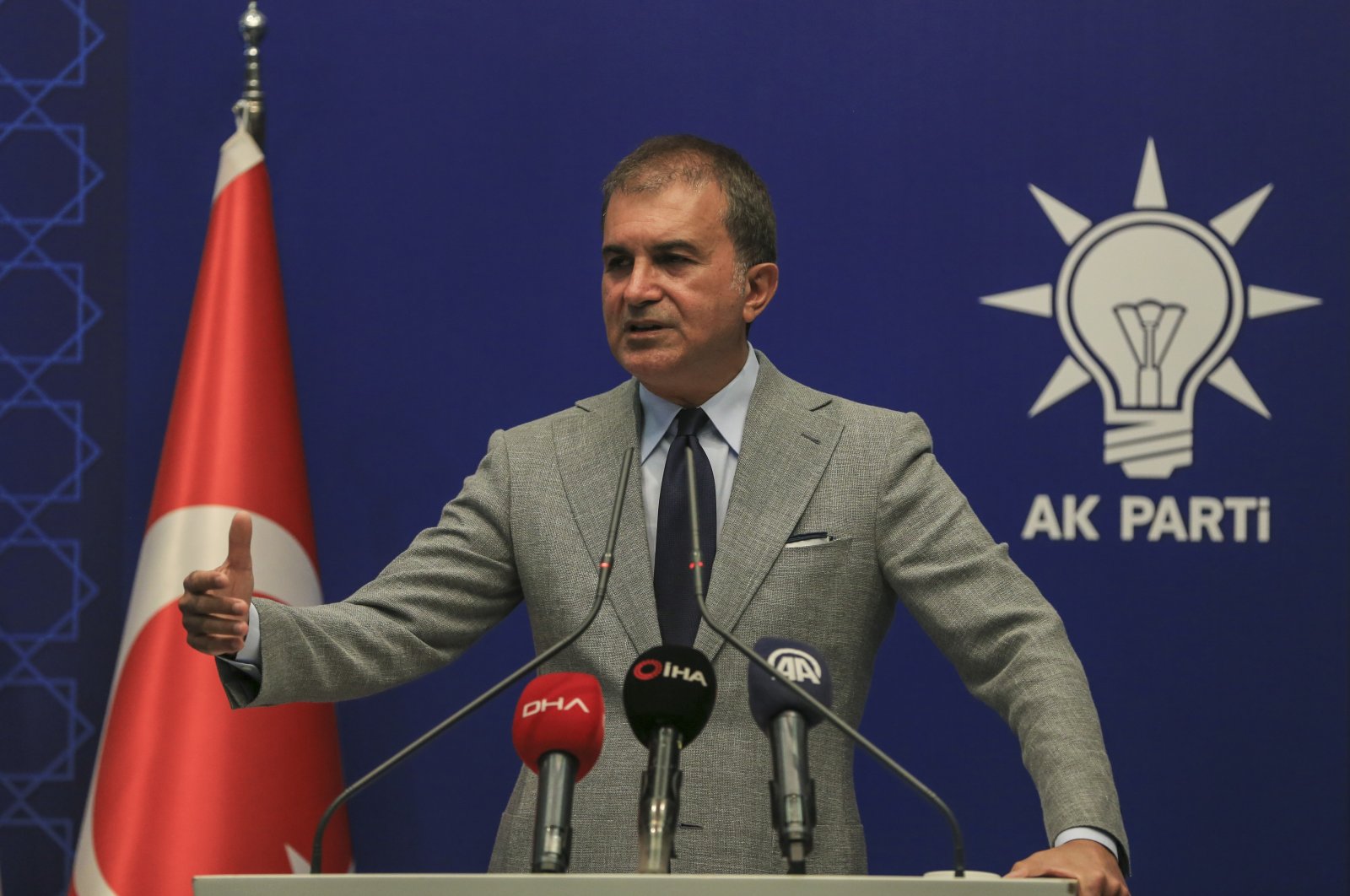 AK Party spokesman Ömer Çelik gives a statement in his party's headquarters in Ankara, Aug. 18, 2020. (AA File Photo)
