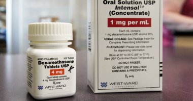 This Tuesday, June 16, 2020 file photo shows a bottle and box for dexamethasone in a pharmacy in Omaha, Neb. (AP Photo)