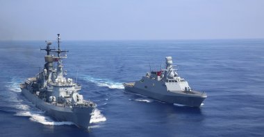 The Defense Ministry announced the conducting of transitional training in the Eastern Mediterranean with ally naval forces, including the Turkish frigate TCG Barbaros and the American destroyer USS Winston S. Churchill, Aug. 31, 2020 (DHA Photo)