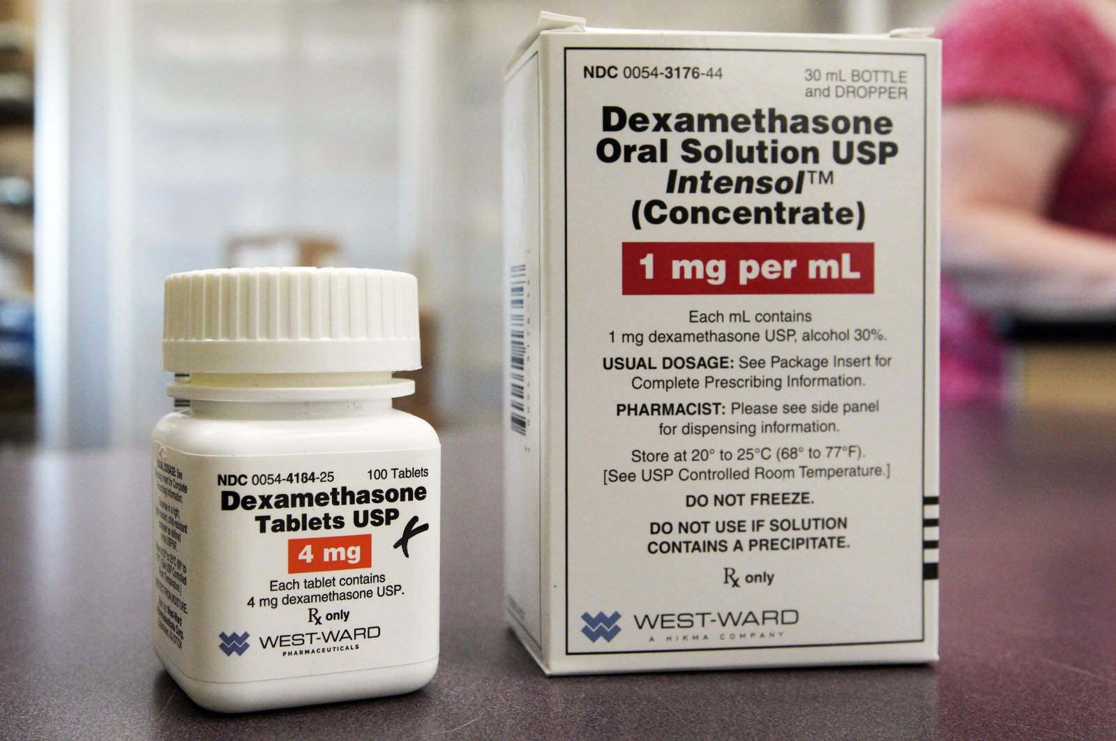 This Tuesday, June 16, 2020 file photo shows a bottle and box for dexamethasone in a pharmacy in Omaha, Neb. (AP Photo)
