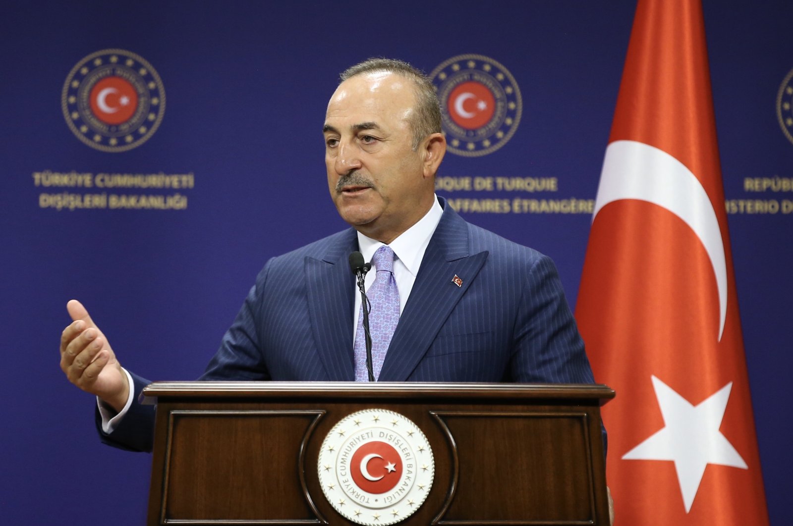 Foreign Minister Mevlüt Çavuşoğlu speaks during a joint press conference with Hungarian Foreign Affairs and Trade Minister Peter Szijjarto in Ankara, July 1, 2020. (AA Photo)
