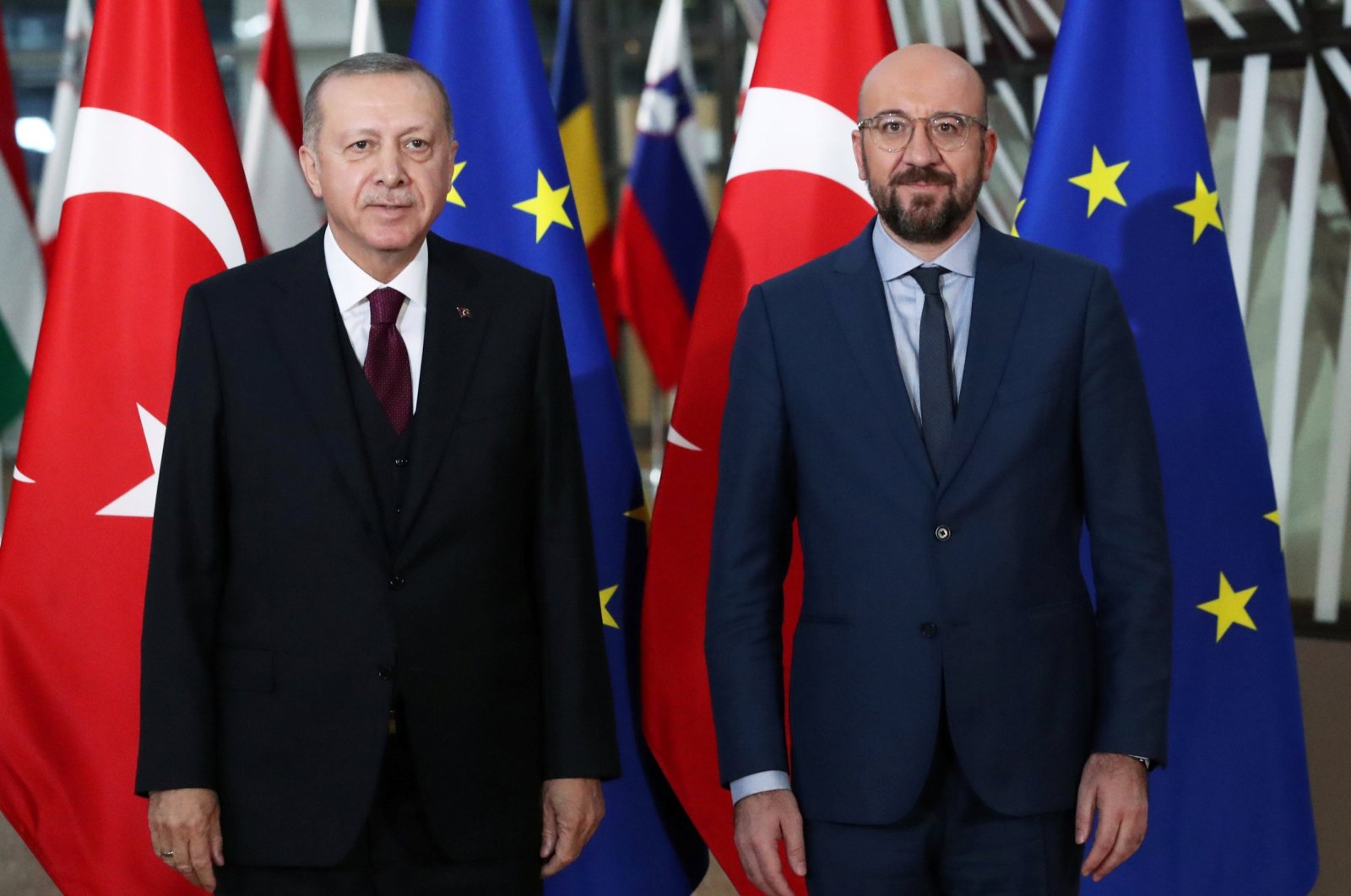 Turkish President Tayyip Erdoğan and EU Council President Charles Michel pose in Brussels, Belgium March 9, 2020. (Reuters File Photo)