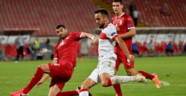 Turkey forward Kenan Karaman (C) shoots during the UEFA Nations League match against Serbia, in Belgrade, Serbia, Sept. 6, 2020. (AFP Photo)