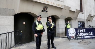 A banner in support of Julian Assange is seen outside the Old Bailey, the Central Criminal Court, London, Sept. 7, 2020. (REUTERS Photo)