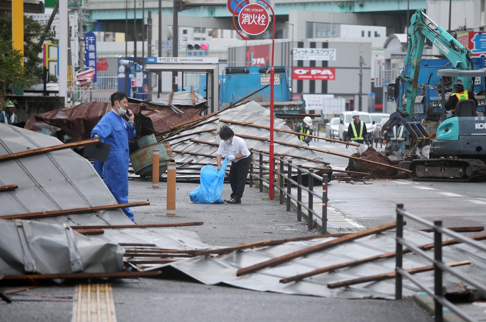 A destroyed roof lies on a street after typhoon Haishen hit Kyushu island overnight in Fukuoka, Japan, Sept. 7, 2020. (EPA Photo)