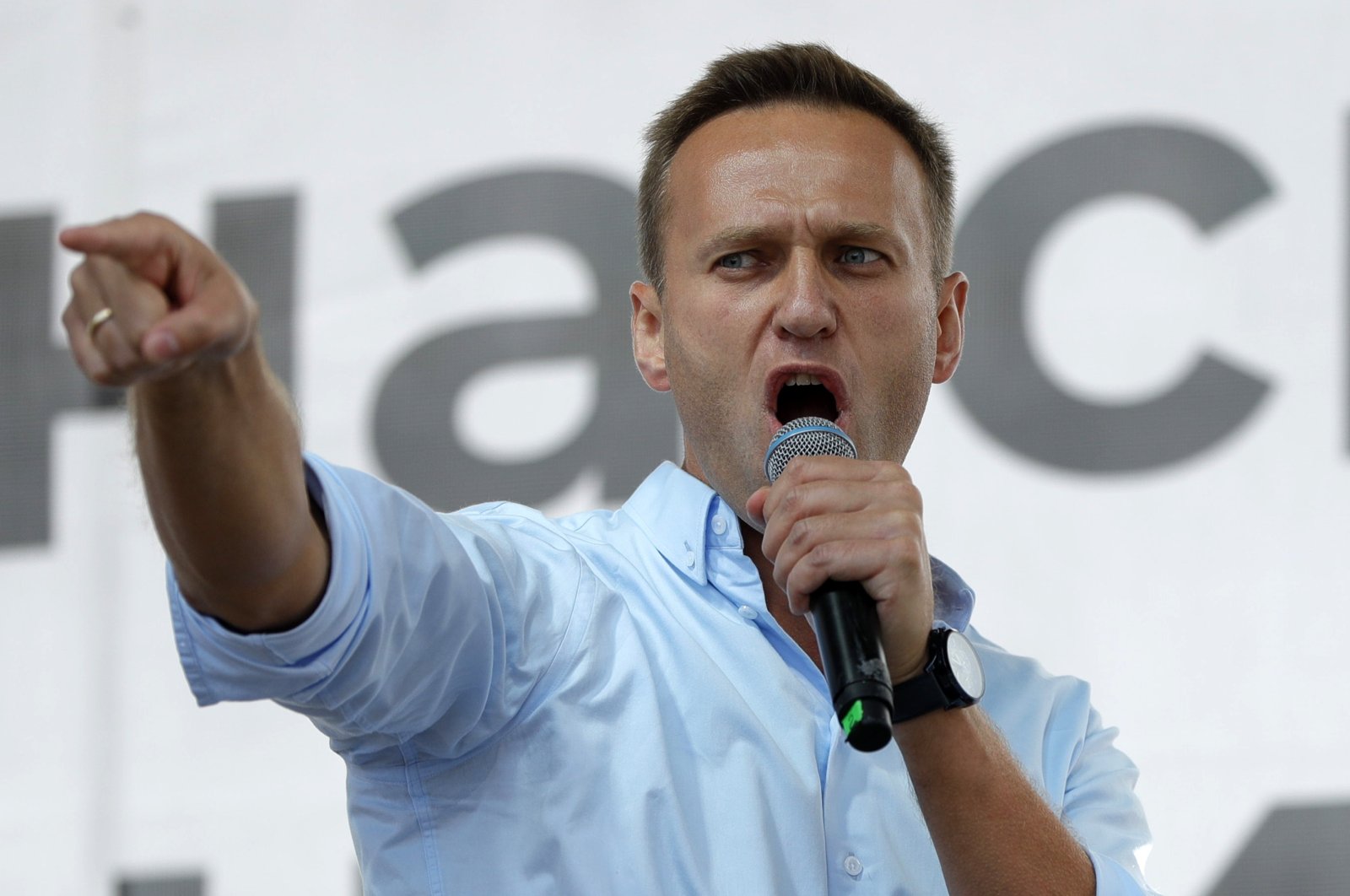 Russian opposition activist Alexei Navalny gestures while speaking to a crowd during a political protest in Moscow, Russia, July 20, 2019.  (AP Photo)