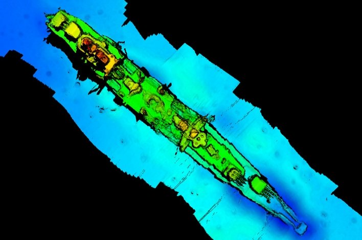 A sonar scan of sunken German WWII warship cruiser "Karlsruhe" that had been observed 13 nautical miles from Kristiansand in Norway, according to Statnett, is seen in this undated handout obtained by Reuters September 7, 2020. (Statnett/Handout via Reuters)