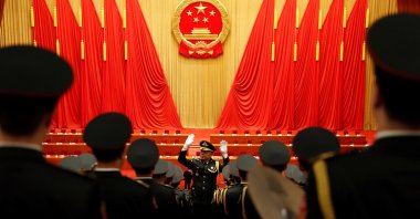 Military band members rehearse before the meeting to commend role models in China's fight against the coronavirus outbreak, at the Great Hall of the People in Beijing, China, Sept. 8, 2020. (Reuters Photo)