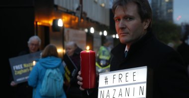 In this Jan. 16, 2017 file photo, Richard Ratcliffe, husband of imprisoned British-Iranian dual national Nazanin Zaghari-Ratcliffe, poses during an Amnesty International led vigil outside the Iranian Embassy in London. (AP Photo)