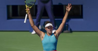 United States' Jennifer Brady reacts after defeating Kazakhstan's Yulia Putintseva during the US Open quarterfinals, in New York, Sept. 8, 2020. (AP Photo)