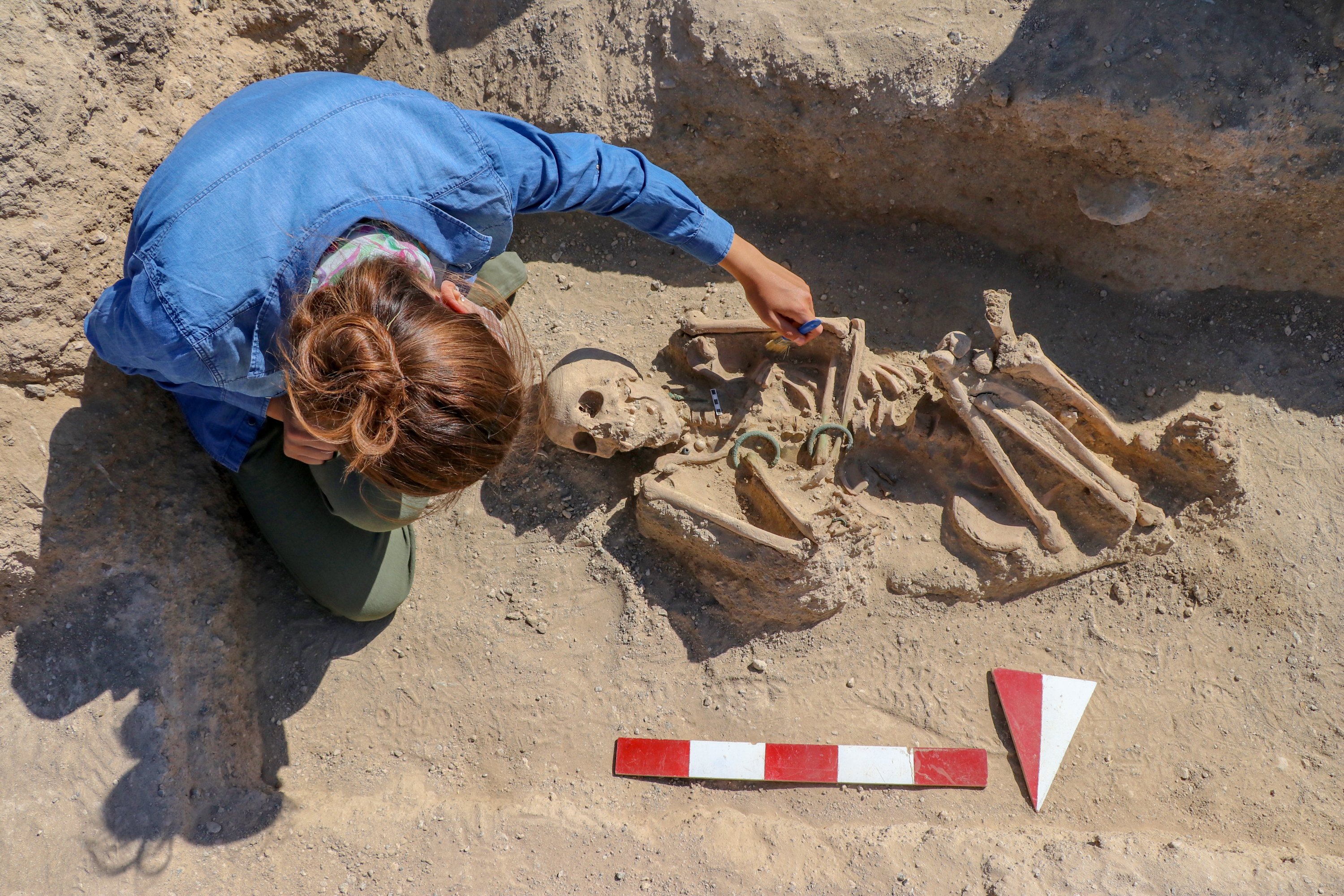 An archaeologist examines the woman skeleton at the necropolis of the Çavuştepe Castle, Van, eastern Turkey, Sept. 8, 2020. (AA PHOTO)