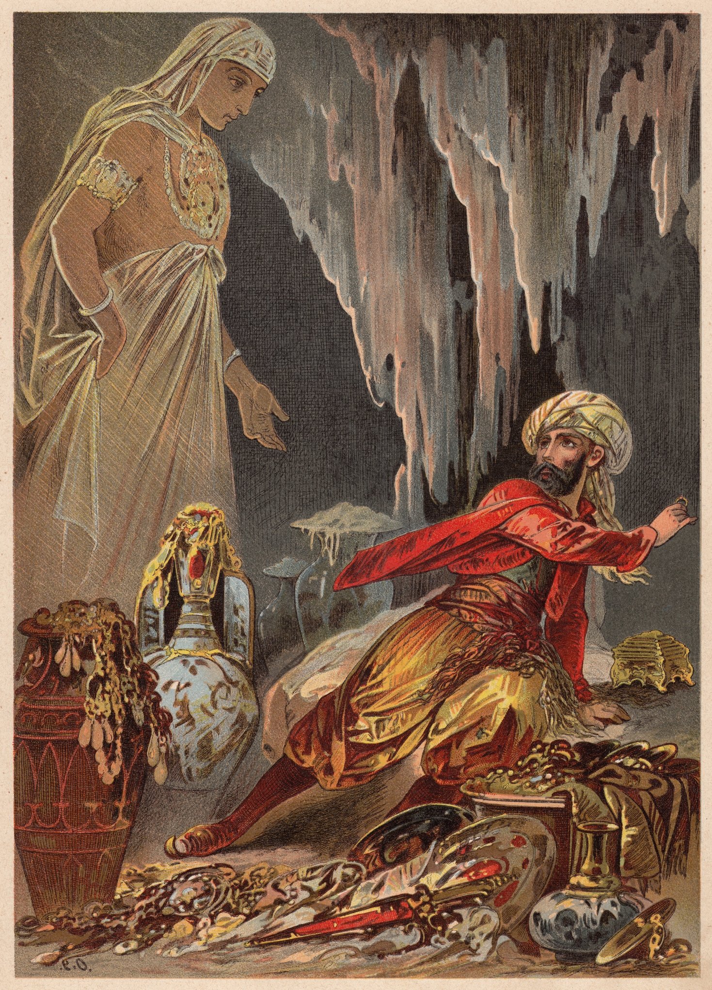 Lithograph after a drawing by German painter Carl Offterdinger depicting a scene from 'Maruf the Cobbler', a fairy tale from 'One Thousand and One Nights'. (iStock Photo)