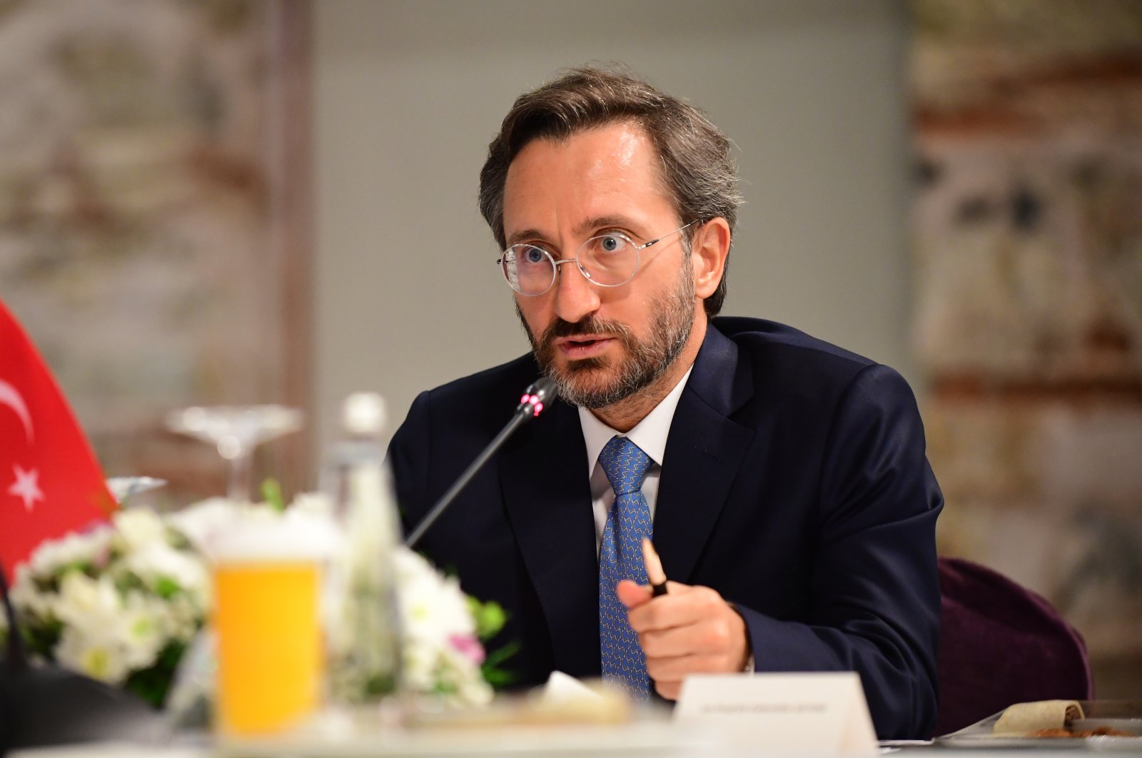 Fahrettin Altun, the head of Turkey's Communications Directorate, speaks during a meeting with Azerbaijani officials in Istanbul, Sept. 7, 2020. (AA Photo)
