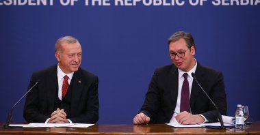 President Recep Tayyip Erdoğan and his Serbian counterpart Aleksandar Vucic speak during a joint news conference in Belgrad, Serbia, Oct. 9, 2019. (AA Photo)