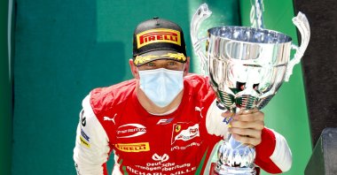Mick Schumacher celebrates winning the Formula 2 race in Monza, Italy, Sept. 5, 2020. (Reuters Photo)