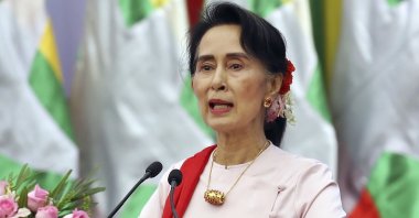 Myanmar's State Counselor Aung San Suu Kyi delivers an opening speech during the Forum on Myanmar Democratic Transition in Naypyitaw, Myanmar, Aug. 11, 2017. (AP Photo)
