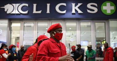 Members of the opposition Economic Freedom Front (EFF) protest outside a branch of drug store chain Clicks in Johannesburg, South Africa, Sept. 7, 2020. (Reuters Photo)