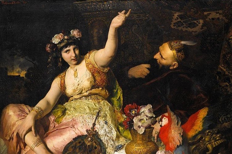 A painting by German artist Ferdinand Keller showing Scheherazade, a major female character and the storyteller in the frame narrative of “One Thousand and One Nights”, and Sultan Shahryar, to whom she tells stories.