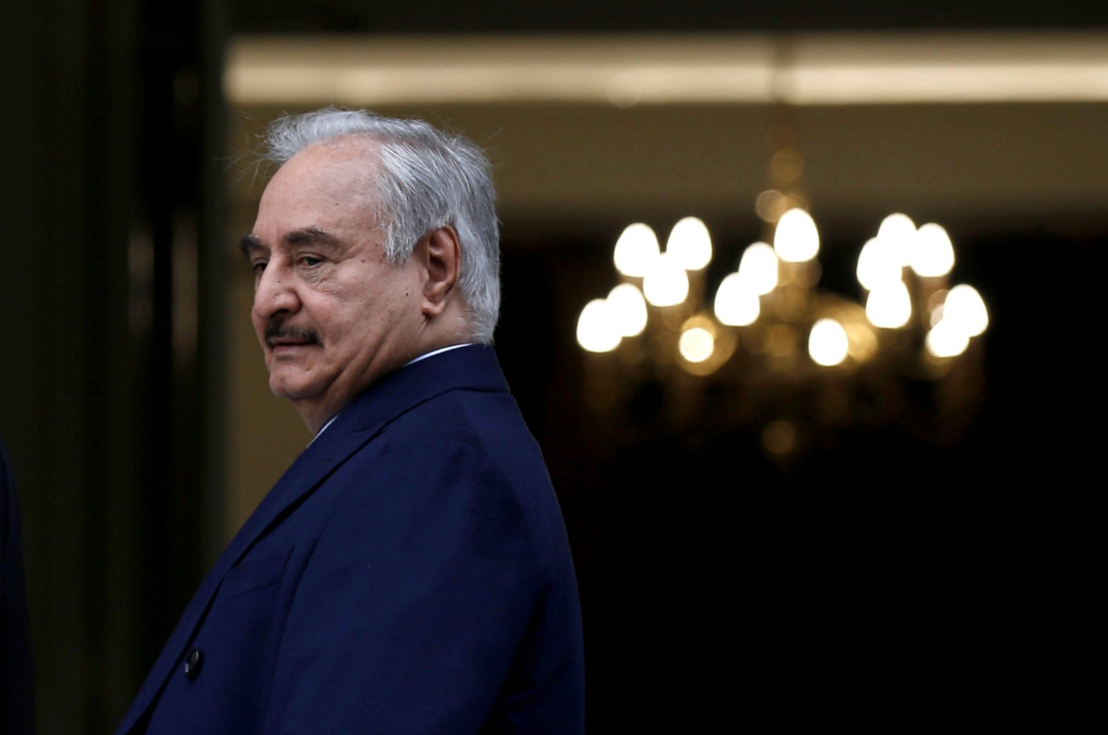 Greek Foreign Minister Nikos Dendias (not pictured) welcomes Libyan commander Khalifa Haftar at the Foreign Ministry in Athens, Greece, Jan. 17, 2020. Reuters File Photo)