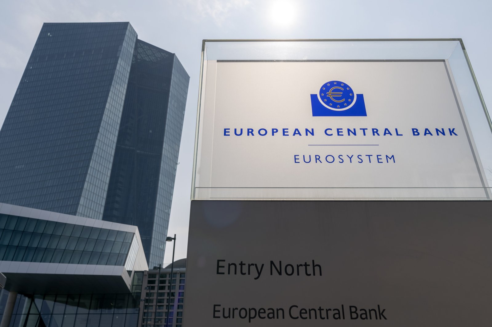 A general view of a sign in front of the building of the European Central Bank (ECB) in Frankfurt am Main, Germany, April 10, 2020. (EPA Photo)