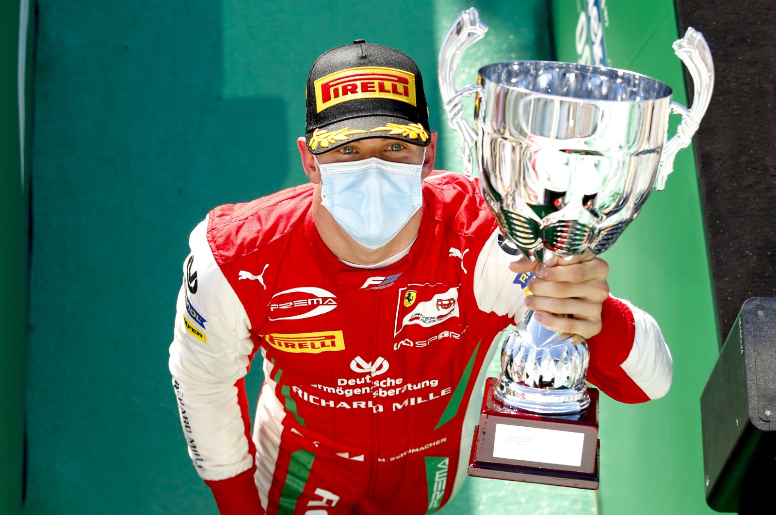 Mick Schumacher celebrates winning the Formula 2 race in Monza, Italy, Sept. 5, 2020. (Reuters Photo)