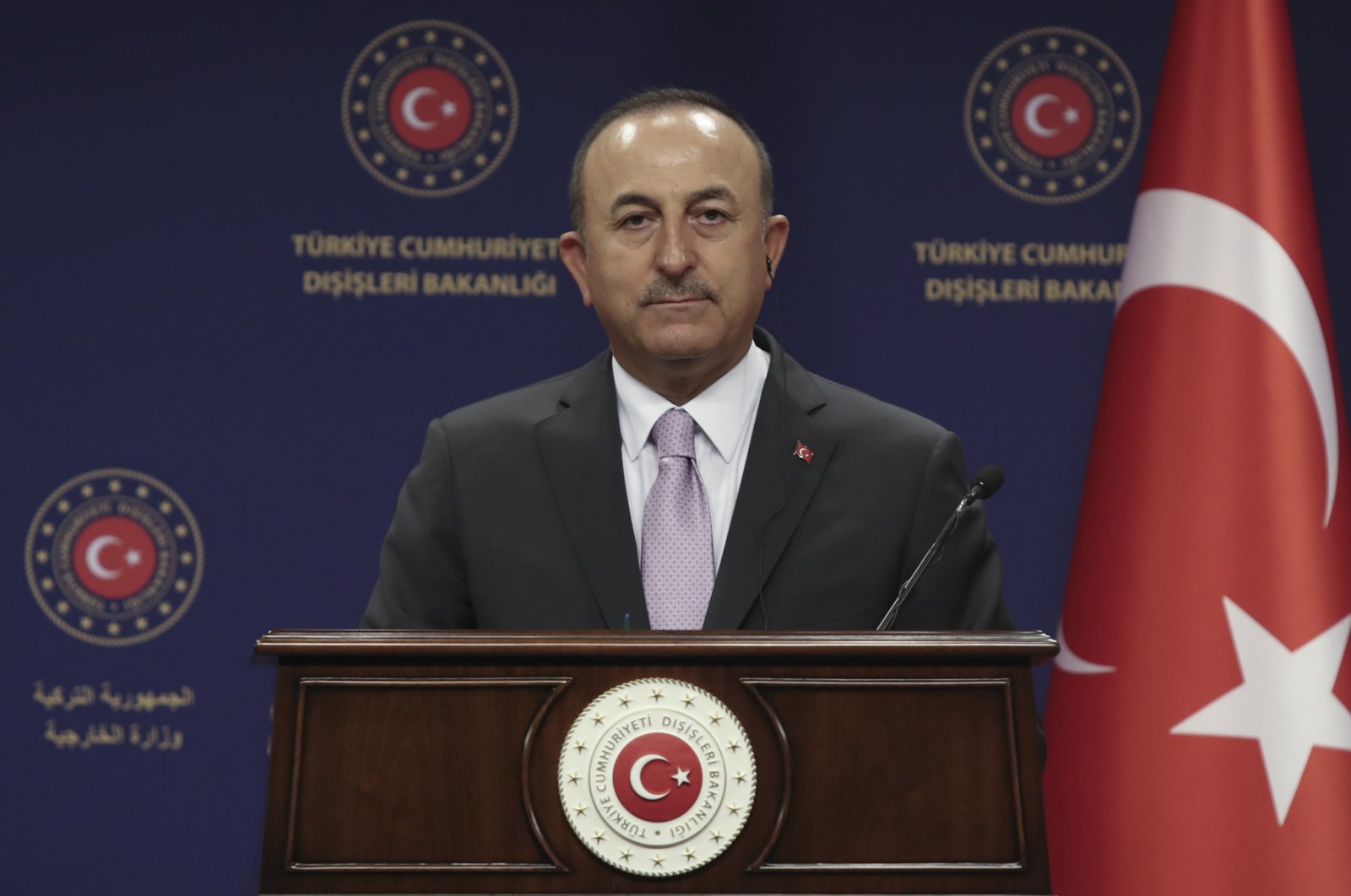 Turkey's Foreign Minister Mevlüt Çavuşoğlu speaks during a news conference with Jean Claude Gakosso, Minister of Foreign Affairs of the Republic of Congo, in Ankara, Sept. 8, 2020. (AP Photo)