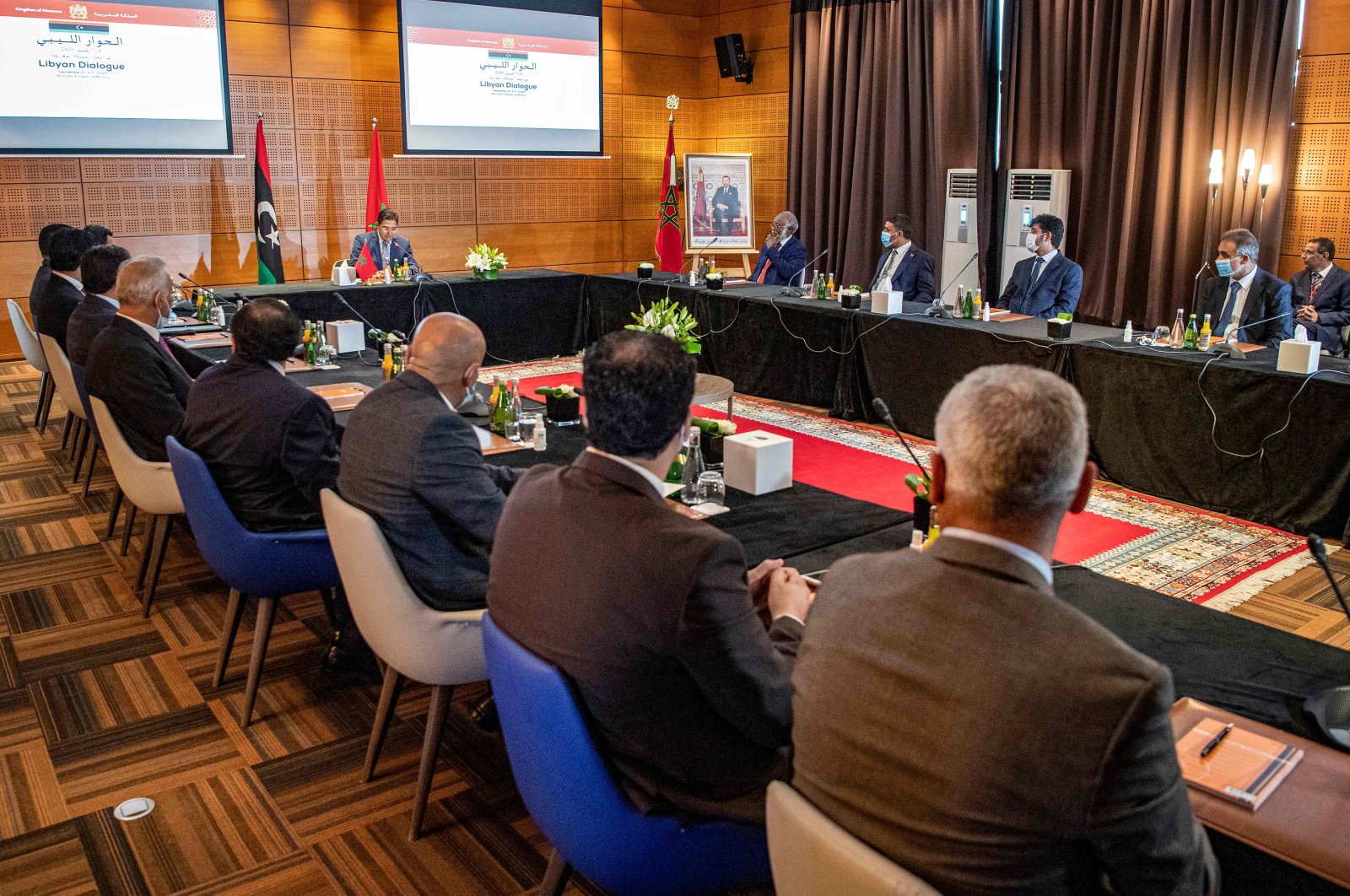 Nasser Bourita, Morocco's Minister of Foreign Affairs and International Cooperation, chairs a meeting of representatives of Libya's rival administrations in the coastal town of Bouznika, south of Rabat, on Sept. 6, 2020. (AFP Photo)