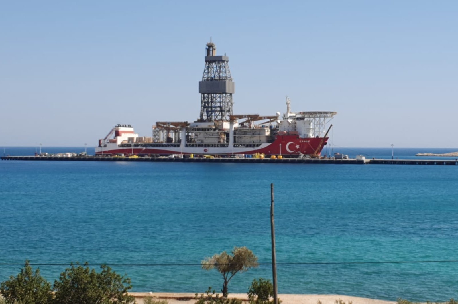 Turkey's third drillship Kanuni docked at the NATO port in Incekum in the Silifke district of Mersin province, southern Turkey, Sept. 11, 2020. (DHA Photo)
