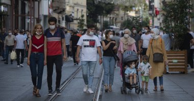 People wearing masks for protection against the spread of coronavirus, walk along Istiklal street, the main shopping street in Istanbul, Friday, Sept. 11, 2020. (AP Photo)