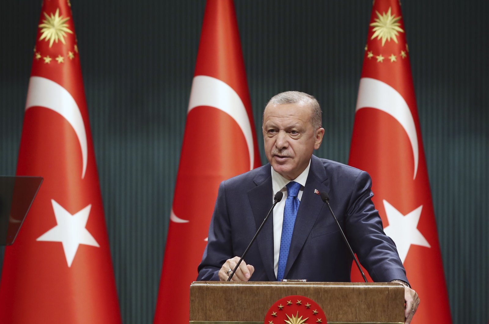 President Recep Tayyip Erdoğan speaks after a Cabinet meeting in Ankara, Turkey, Monday, Sept. 7, 2020. (AP Photo)