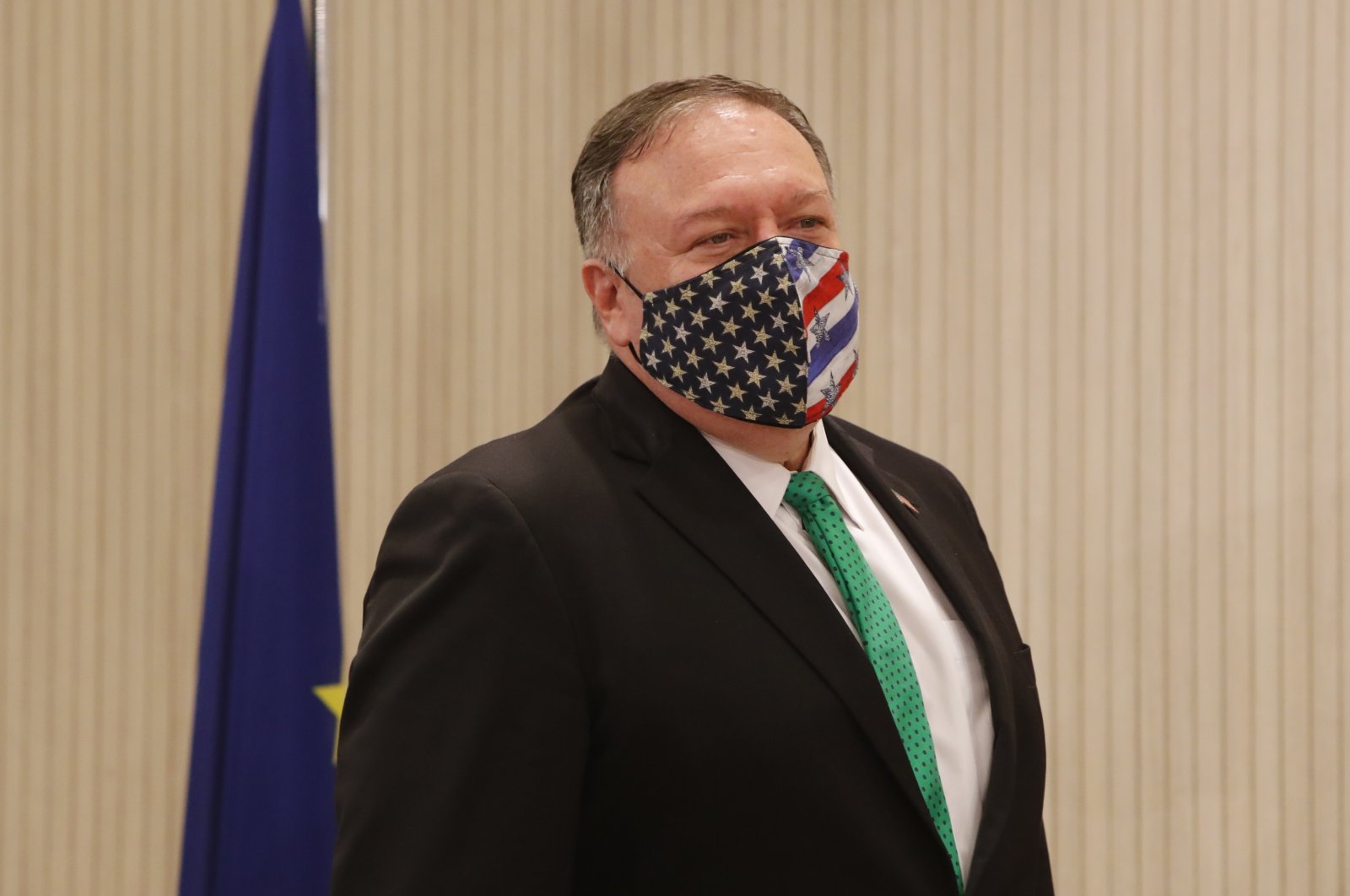 U.S. Secretary of State Mike Pompeo arrives for a press conference with the Cypriot President Nicos Anastasiades at the Presidential Palace in Nicosia, Cyprus, Saturday, Sept. 12, 2020. (AP Photo)