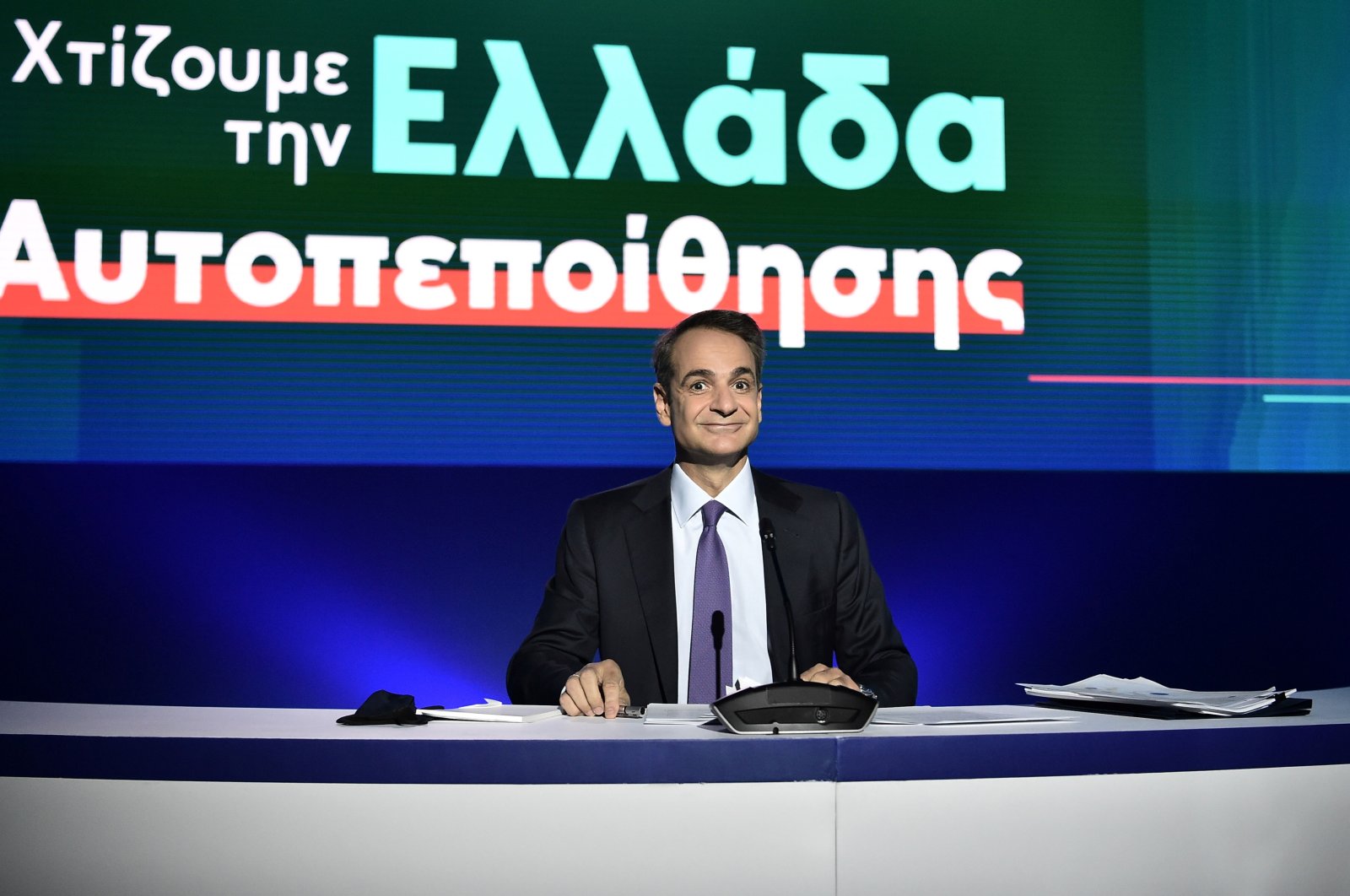 Greek Prime Minister Kyriakos Mitsotakis speaks during a news conference on state defense and economy program at the Thessaloniki Helexpo Forum on Sept. 13, 2020. (AFP Photo)