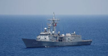 Turkish navy frigate TCG Gemlik (F-492) escorts Turkish drilling vessel Yavuz in the Eastern Mediterranean Sea off Cyprus, Aug. 6, 2019. (Reuters Photo)
