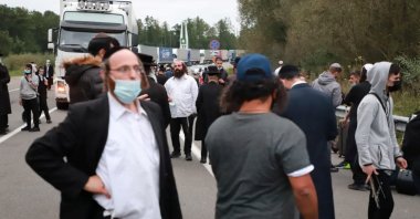 Jewish pilgrims, who plan to enter Ukraine from the territory of Belarus, gather at Novi Yarylovychi crossing point in Chernihiv Region, Ukraine Sept. 14, 2020. (State Border Guard Service of Ukraine via Reuters)