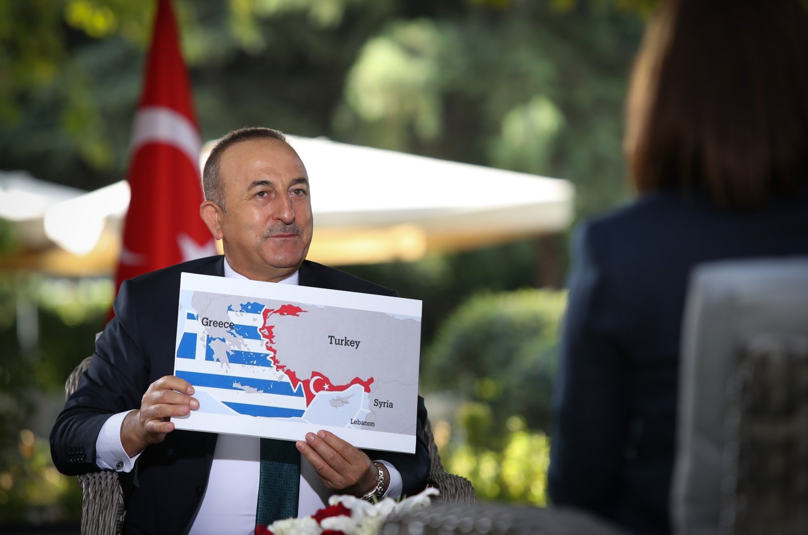 Turkish Foreign Minister Mevlüt Çavuşoğlu speaks on tensions in the Eastern Mediterranean during a televised interview with NTV, Sept. 14, 2020. (AA Photo)