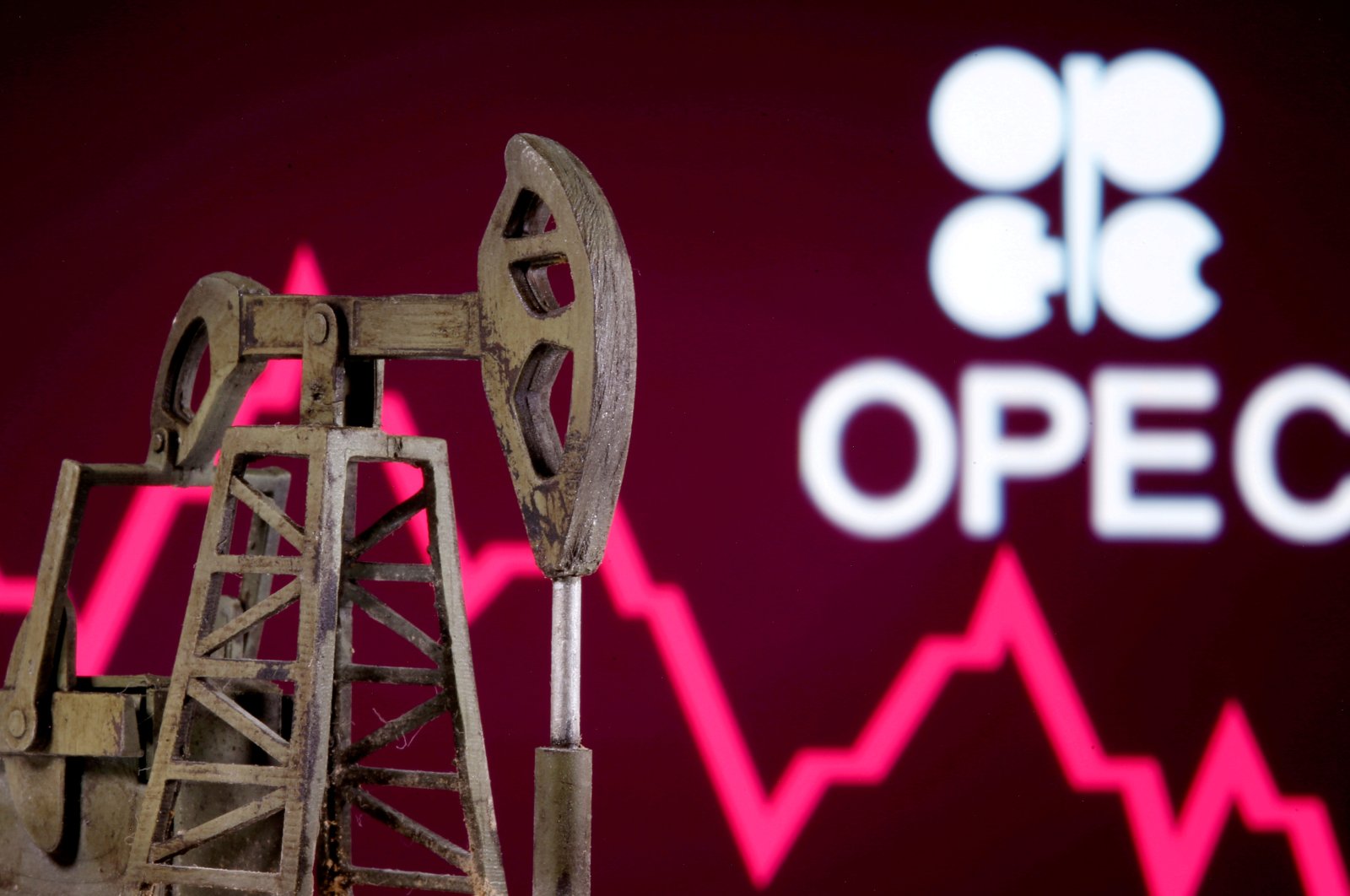 A 3D printed oil pump jack is seen in front of a displayed stock graph and OPEC logo in this illustration picture, April 14, 2020. (Reuters Photo)