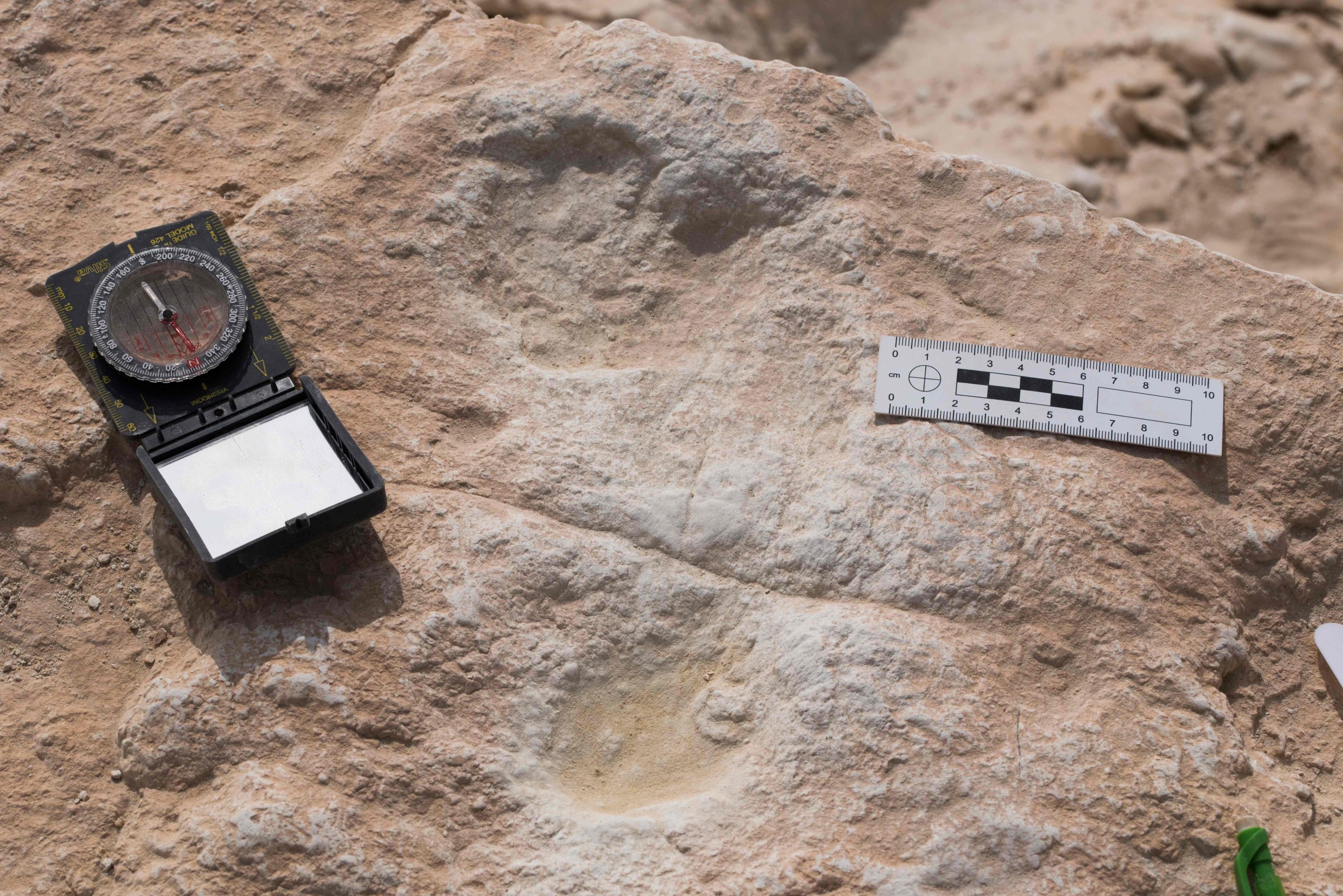 This undated handout photo obtained September 16, 2020 shows the first human footprint discovered at the Alathar ancient lake. (AFP Photo)