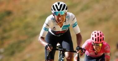 Team Ineos rider Egan Bernal arrives at the finish line of the 13th stage of the Tour de France cycling race, near Puy Mary, France, Sept. 11, 2020. (AFP Photo)