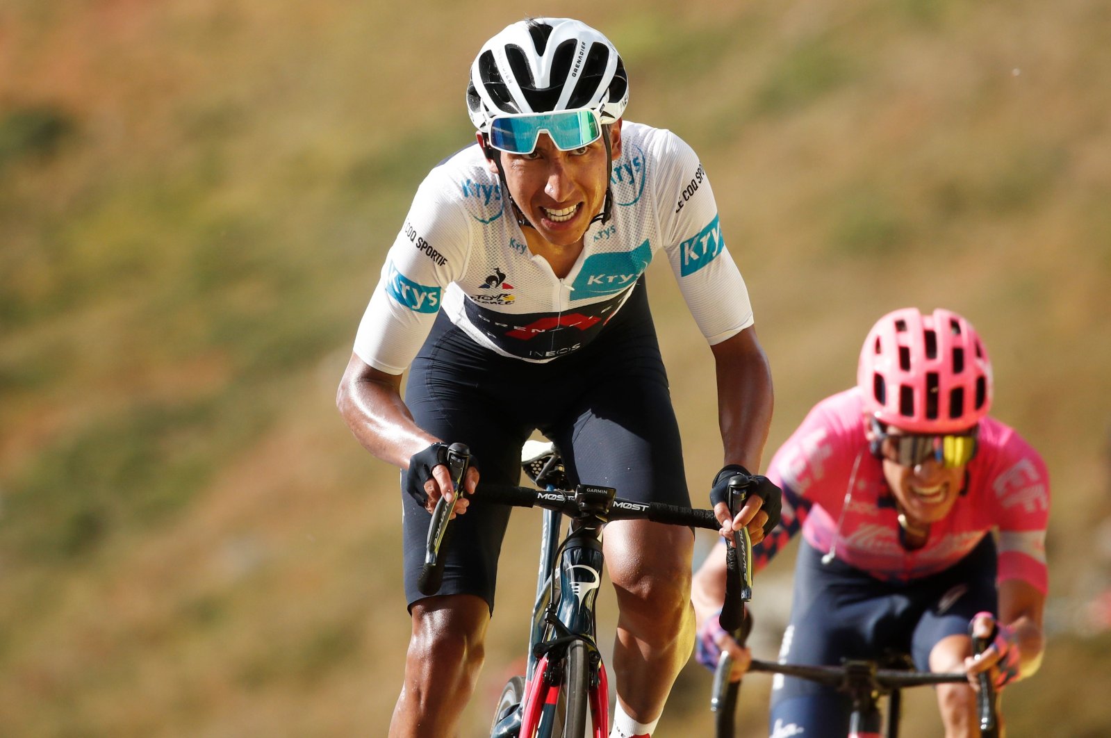 Team Ineos rider Egan Bernal arrives at the finish line of the 13th stage of the Tour de France cycling race, near Puy Mary, France, Sept. 11, 2020. (AFP Photo)