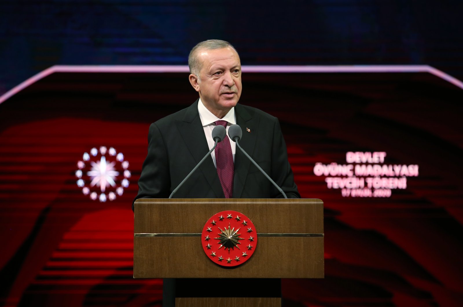President Recep Tayyip Erdoğan speaks at the State Medal of Commendation Ceremony at Beştepe National Congress and Culture Center in the capital Ankara on Sept. 17, 2020. (AA Photo)