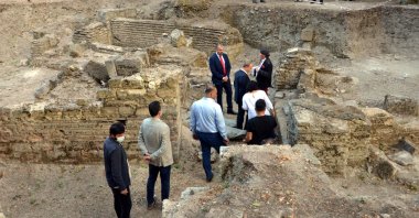 Polish Ambassador Jakub Kumoch examines the Bathonea Ancient Settlement in Istanbul’s Avcılar district, Turkey, Sept. 18, 2020. (DHA Photo)