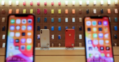iPhones are displayed at the upcoming Apple Marina Bay Sands store in Singapore, Sept. 8, 2020. (Reuters Photo)