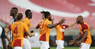 Galatasaray players celebrate a goal during a Europa League qualifier match against Neftçi in Baku, Azerbaijan, Sept. 17, 2020. (IHA Photo)