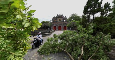 A motorist avoids a fallen tree branch due to tropical storm Noul in Hue city, as the storm hits central Vietnam, Sept. 18, 2020. (AFP Photo)