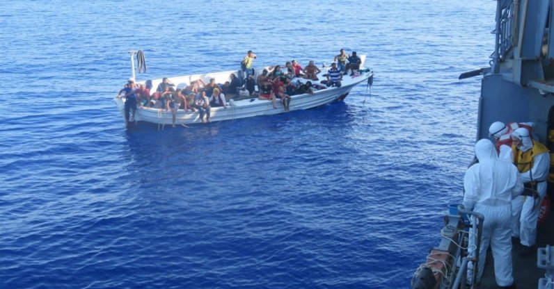 Thirty-six irregular migrants were rescued by the personnel of TCG Bozcaada corvette, which is on a mission as part of the United Nations Interim Force in Lebanon (UNIFIL), in the Mediterranean Sea, Sept. 15, 2020. (AA Photo)